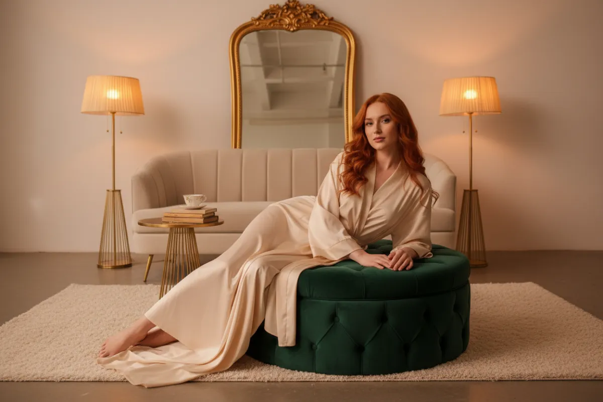 Boudoir Black Friday Offer - Woman in silk robe, soft lighting, elegant studio, 3:2 aspect