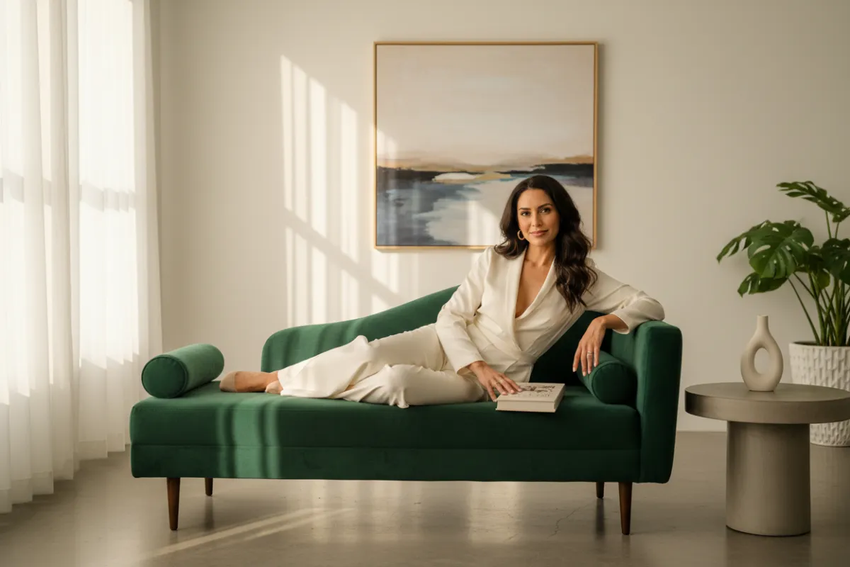 A confident woman in her early 30s with olive skin and dark hair, elegantly posed on a velvet chaise in a sunlit studio. The setting features soft, natural light, minimalistic decor, and a luxurious feel. The image exudes empowerment and sophistication, with a modern, editorial style.