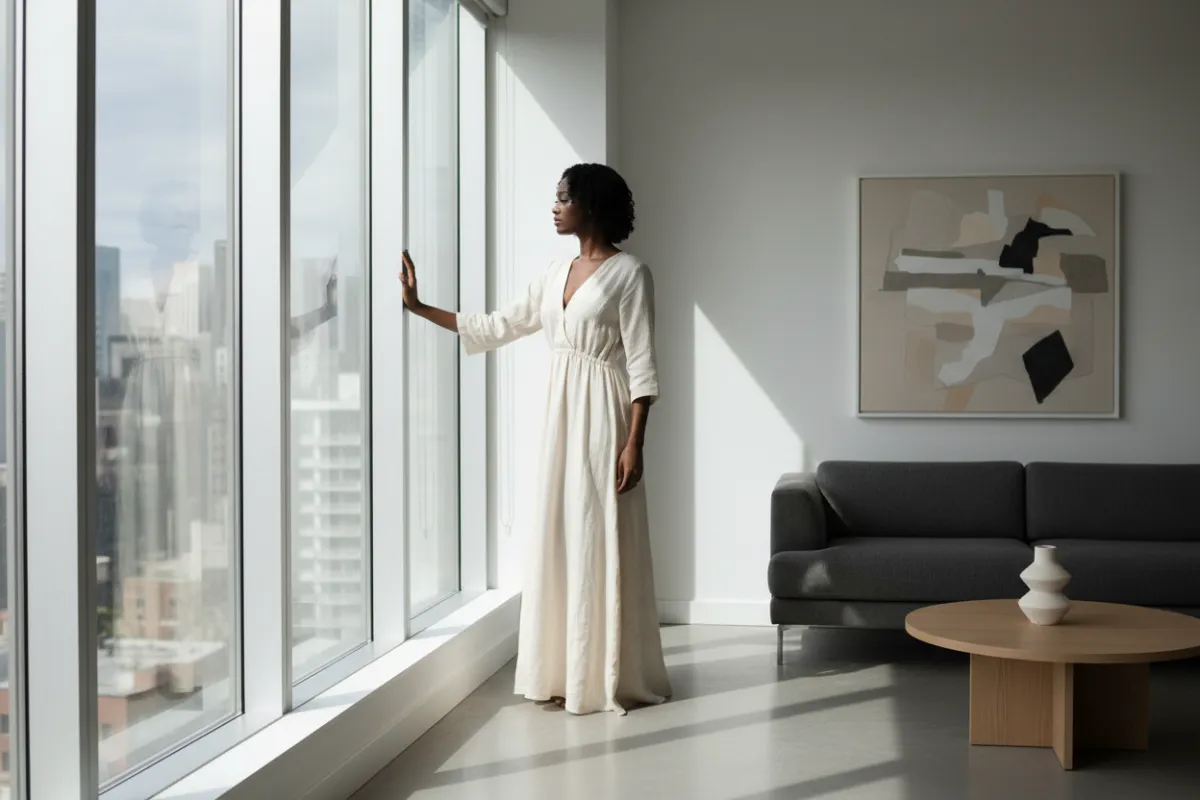 Boudoir gallery image 3: Woman standing, window light, minimalist decor, 3:2 aspect