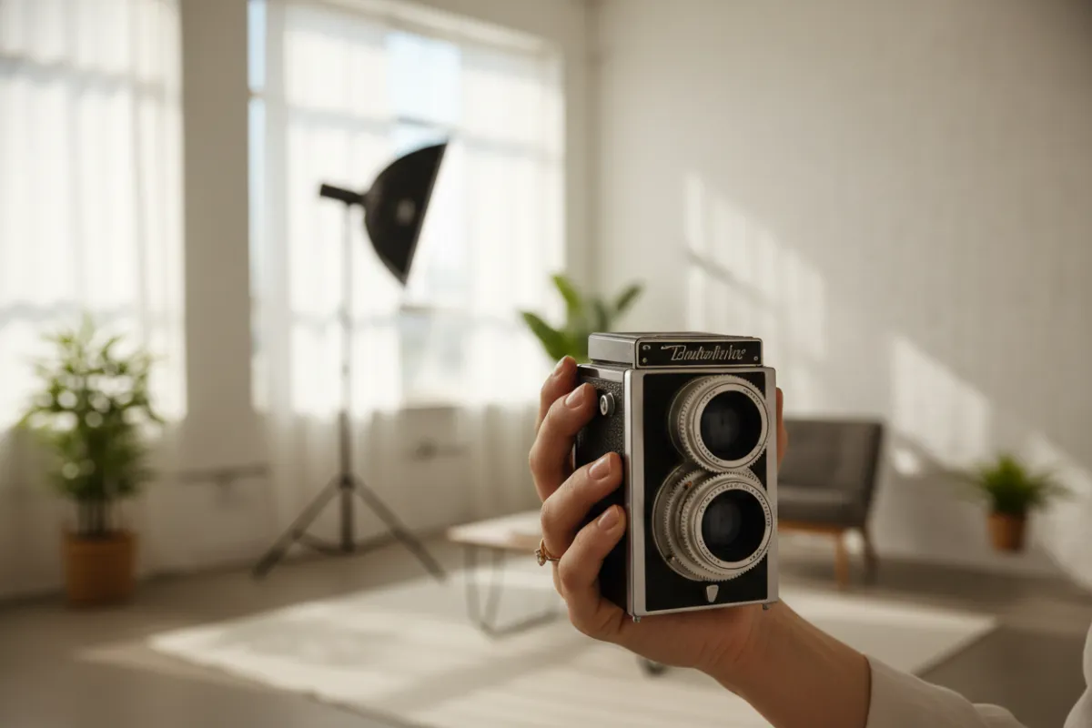 A close-up of a hand holding a vintage camera, with a blurred background of a bright, modern studio. The scene is inviting and professional, suggesting approachability and creativity. The composition is clean, with soft natural light and subtle luxury details.