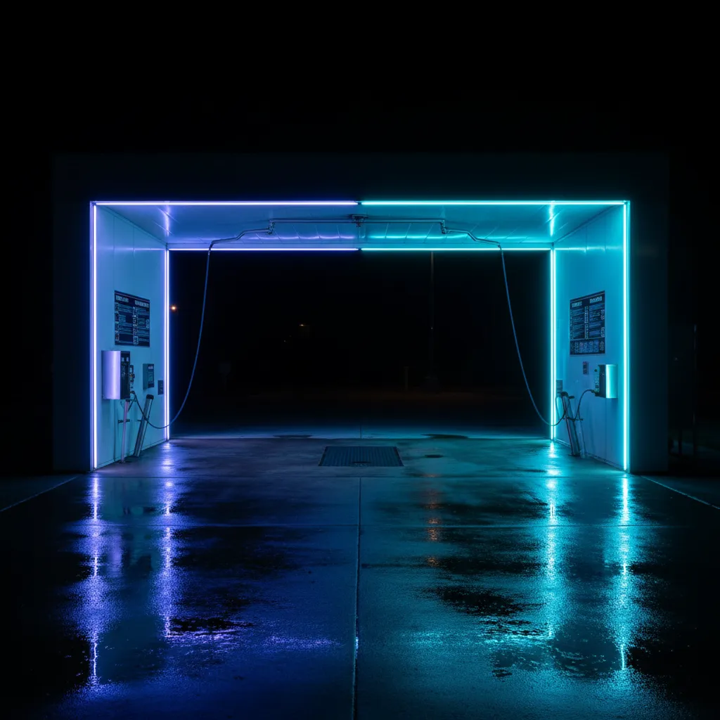 A well-lit car wash bay open 24/7