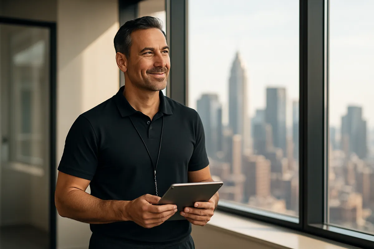 Confident coach in a modern office by a window overlooking a city skyline, holding a tablet and smiling.