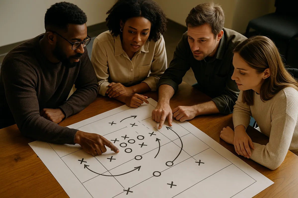 Collaborative team reviewing a printed playbook at a conference table (3:2 aspect ratio).