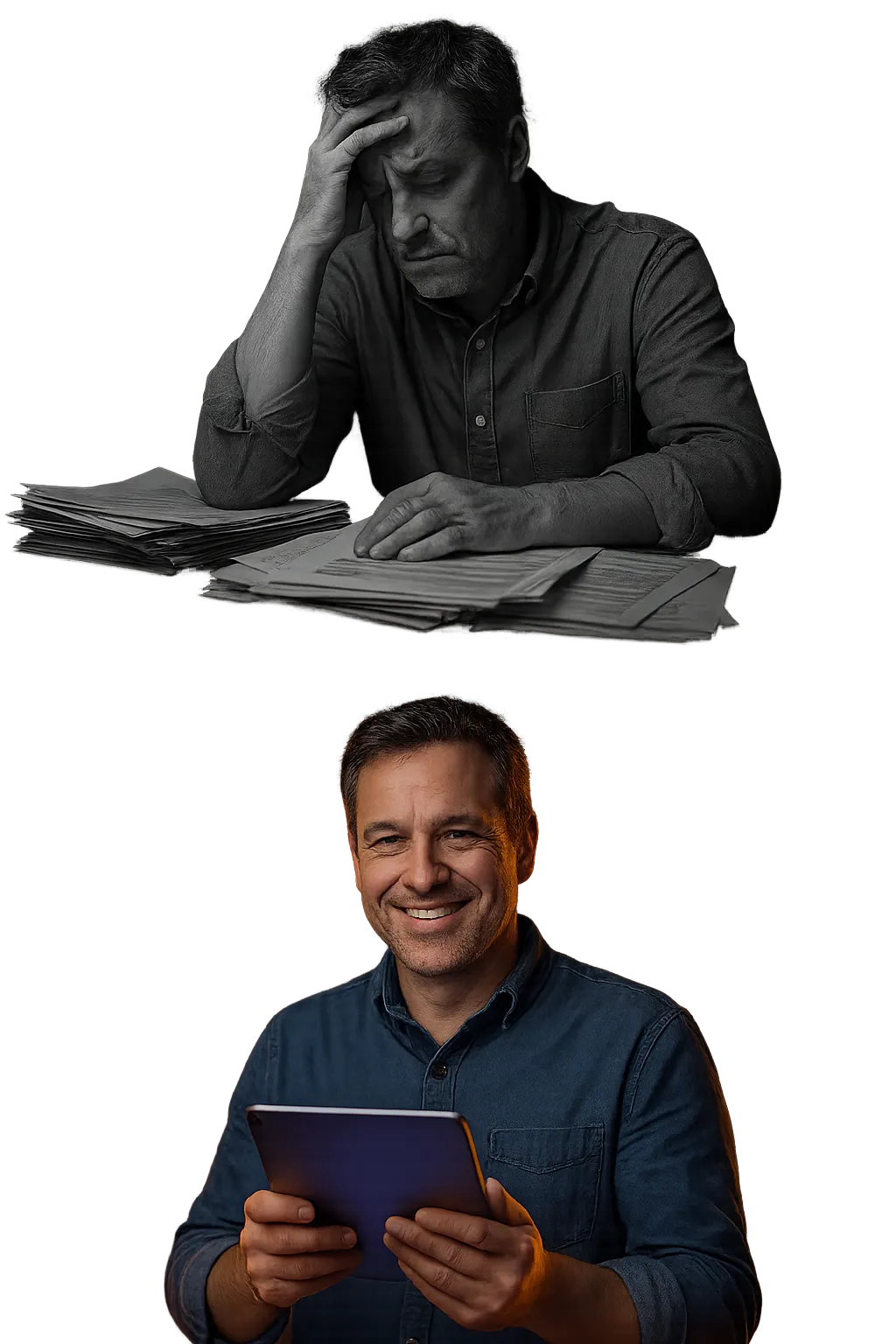 Desaturated composite of frustrated business owner turning into a relieved one