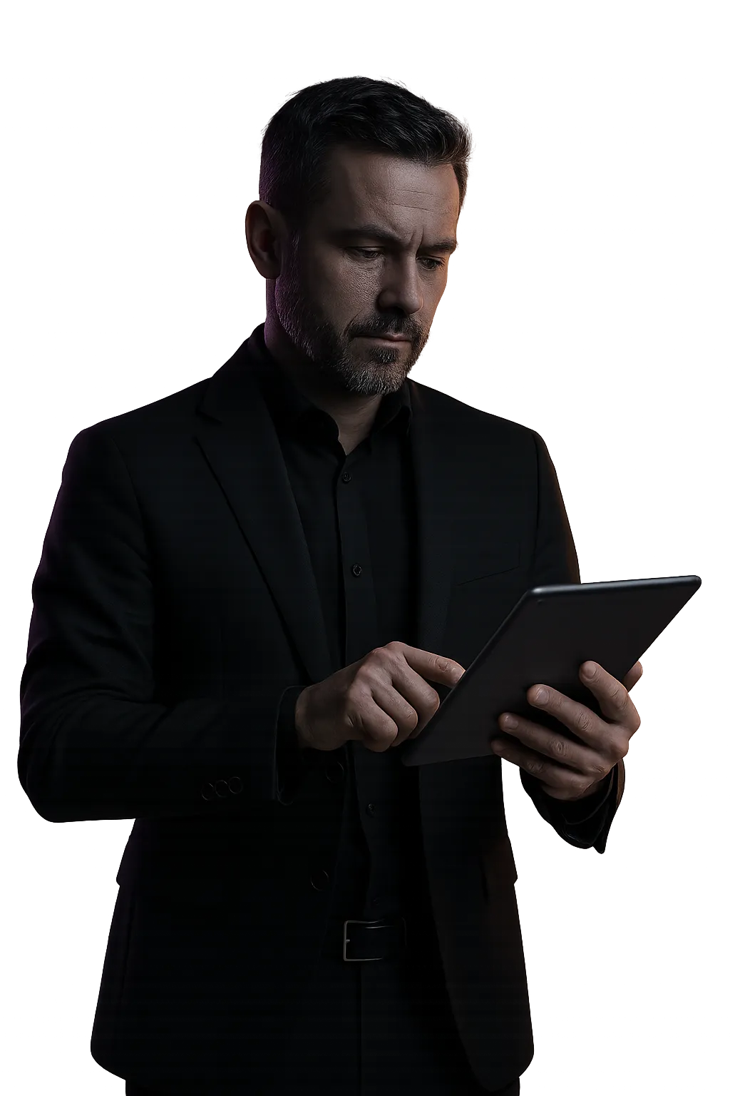 Business owner checking a tablet, confident and focused