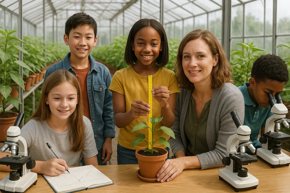 Portrait of a small group of middle-school students measuring plant growth inside a greenhouse, notebook charts and microscopes on tables, teacher kneeling beside, daylight through glass, realistic style emphasizing inquiry-based science and agricultural curriculum.