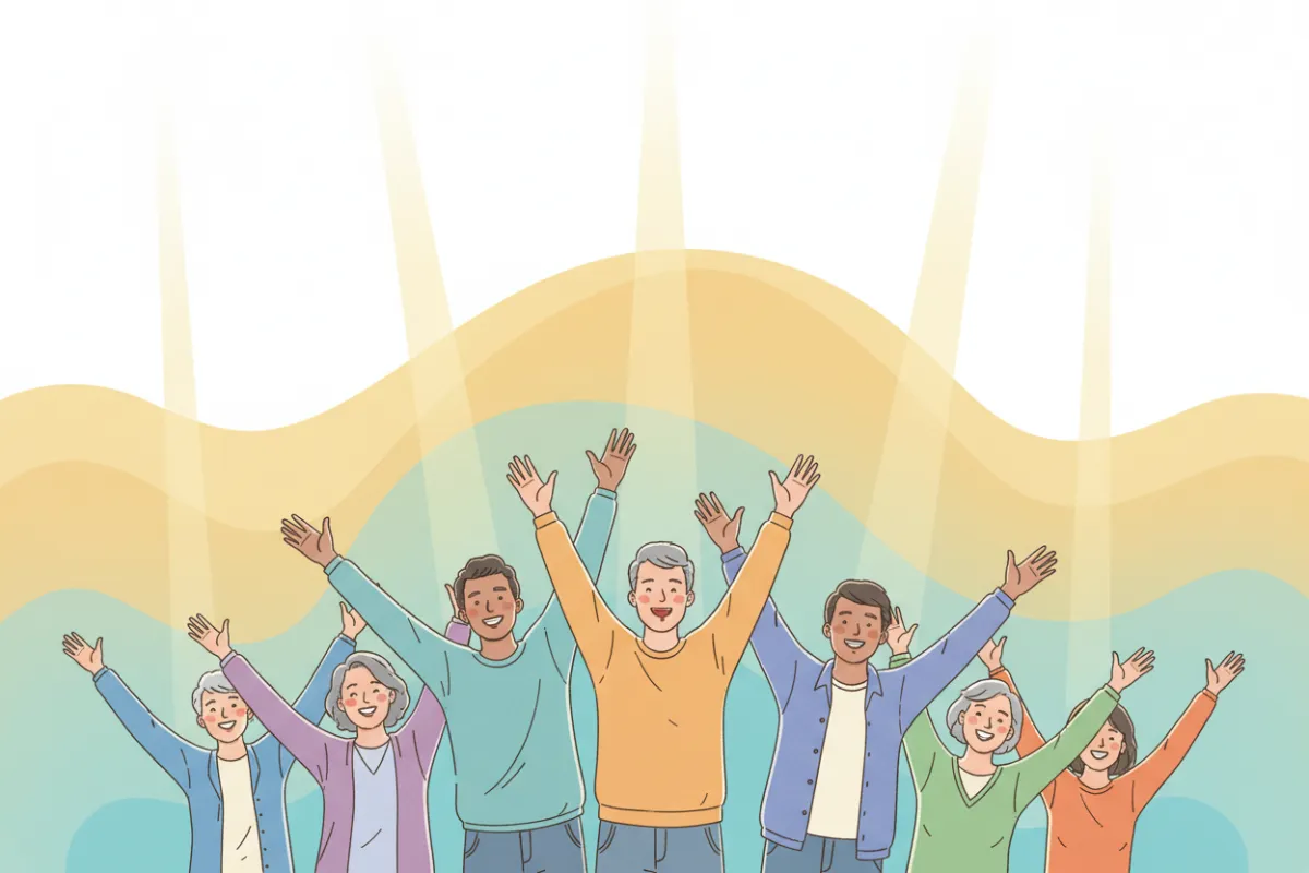 A vibrant digital illustration of a diverse group of adults, each smiling and reaching upward, set against a soft, abstract background of yellow and teal gradients. The scene conveys optimism and unity, with light rays symbolising growth. The composition is dynamic, with figures in casual attire, representing various ages and backgrounds.