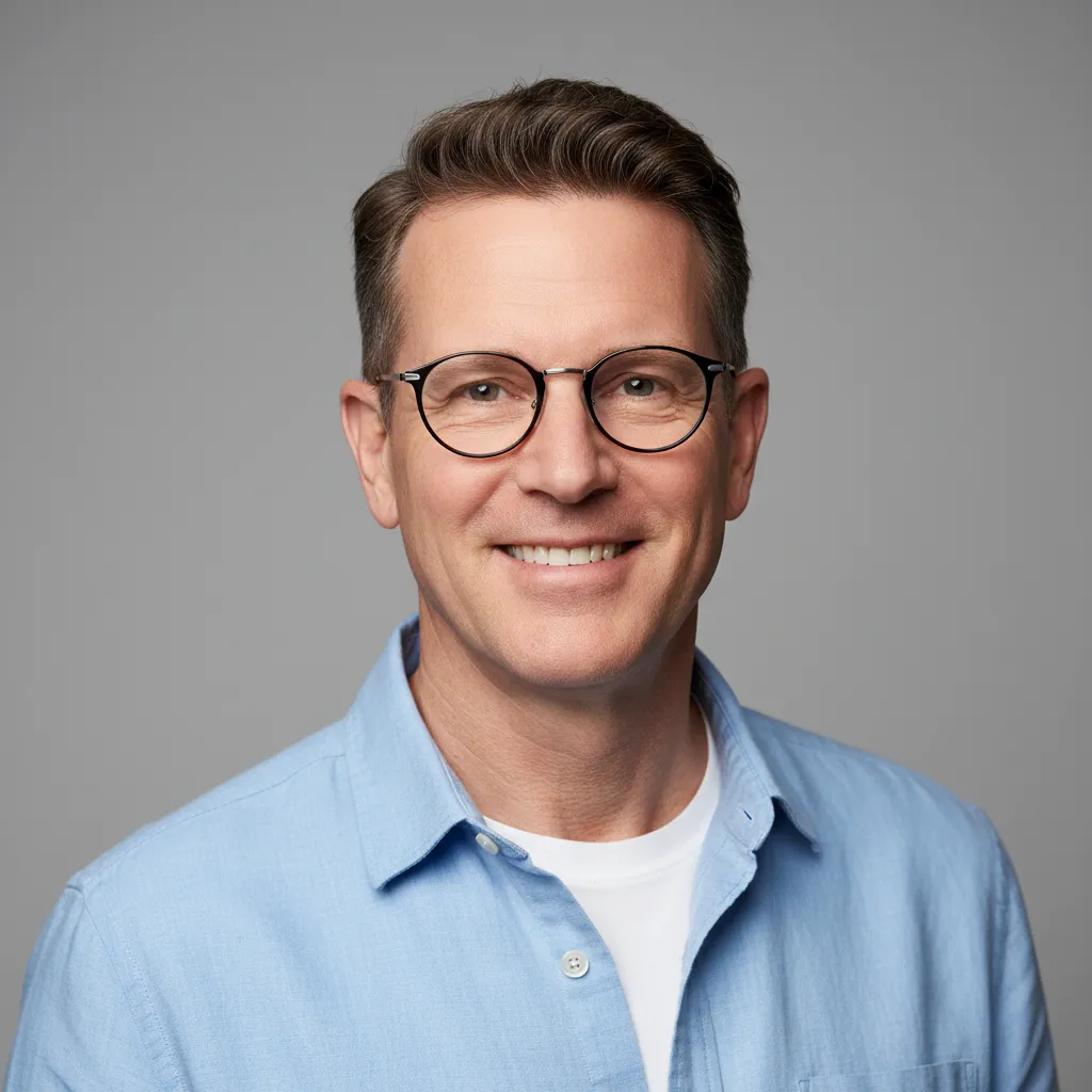 Portrait of a middle-aged white man with glasses, short brown hair, and a friendly smile, in a casual shirt.
