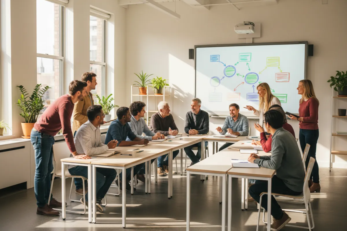 A group of adults in a bright classroom, engaged in a lively discussion, with a whiteboard displaying goal-setting diagrams.