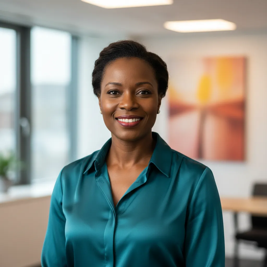 Portrait of a smiling Black British woman in her 40s, wearing a teal blouse, standing in a bright office.