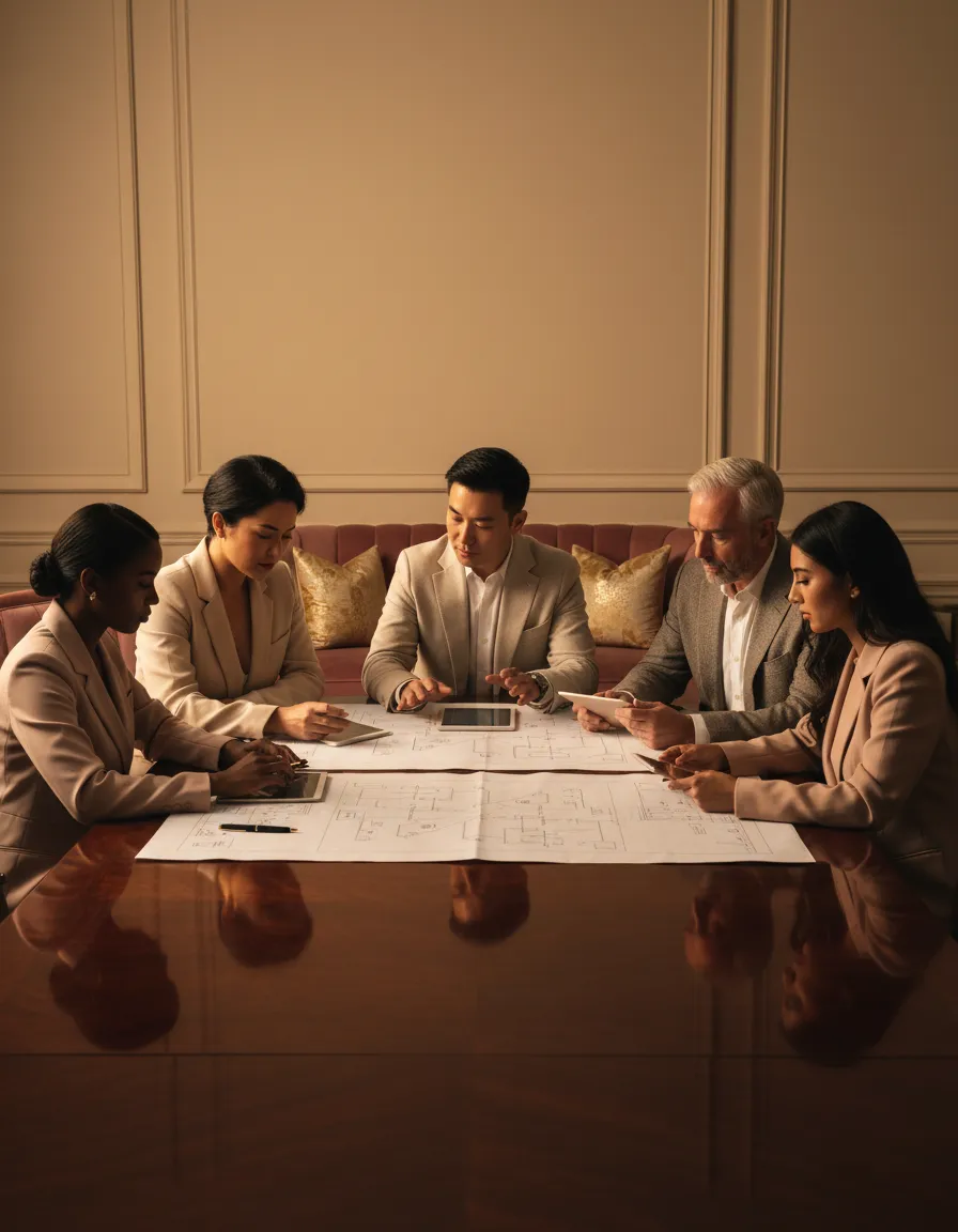 A diverse team reviewing group home operational strategies in a warm office setting