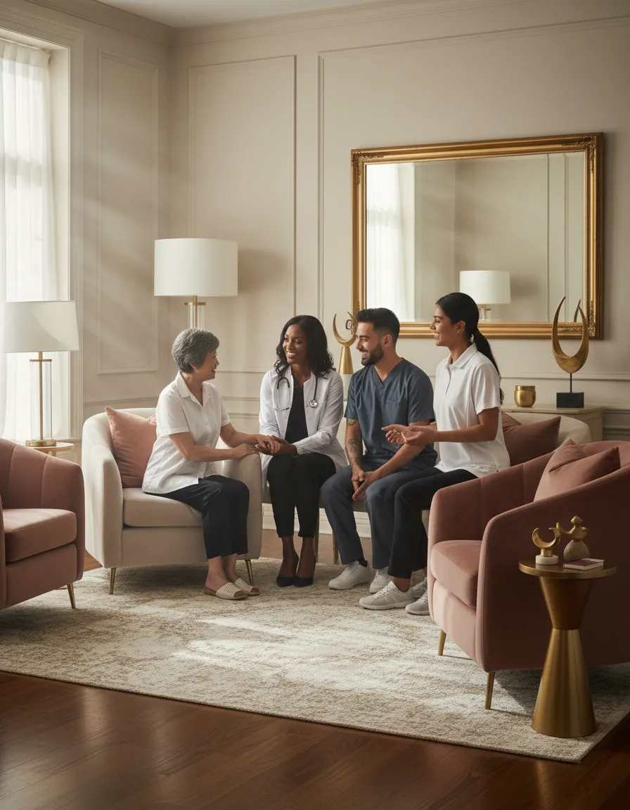 Multicultural healthcare professionals inside a premium residential care home