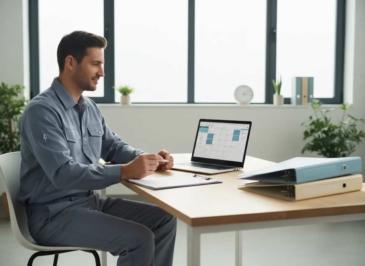 Electrician reviewing organized schedule and paperwork