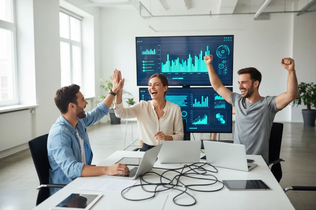 A cheerful group of young professionals, two men and one woman, celebrating a successful tech project in a bright, open office, with laptops and digital screens in the background.