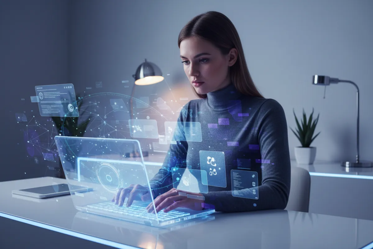 A close-up of a young woman coding on a laptop, surrounded by holographic data visualizations and futuristic UI elements, in a sleek, minimalist workspace. The lighting is cool and modern, emphasizing focus and innovation.