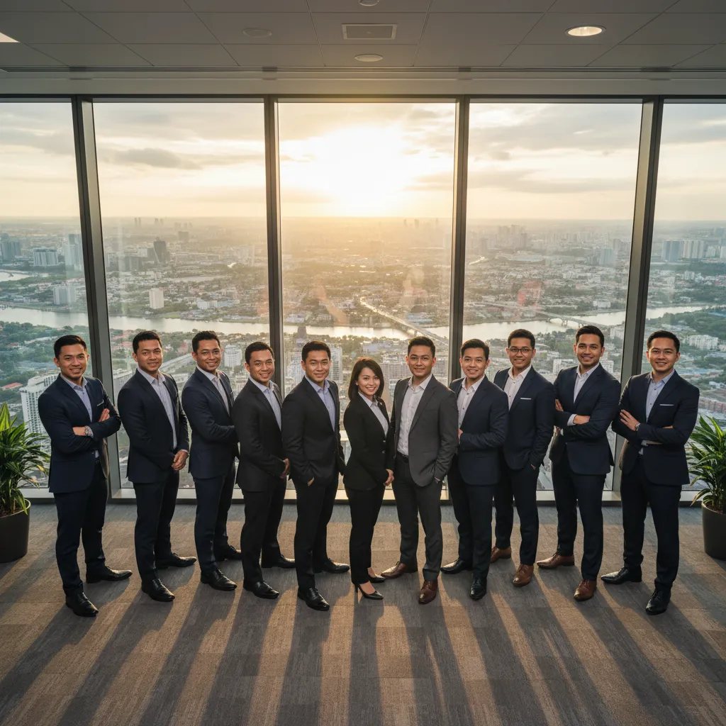 A dynamic group photo of the RichWorks X team, diverse in age and background, standing together in front of a large window with city views. The team exudes confidence and unity, symbolizing their mission to empower entrepreneurs.