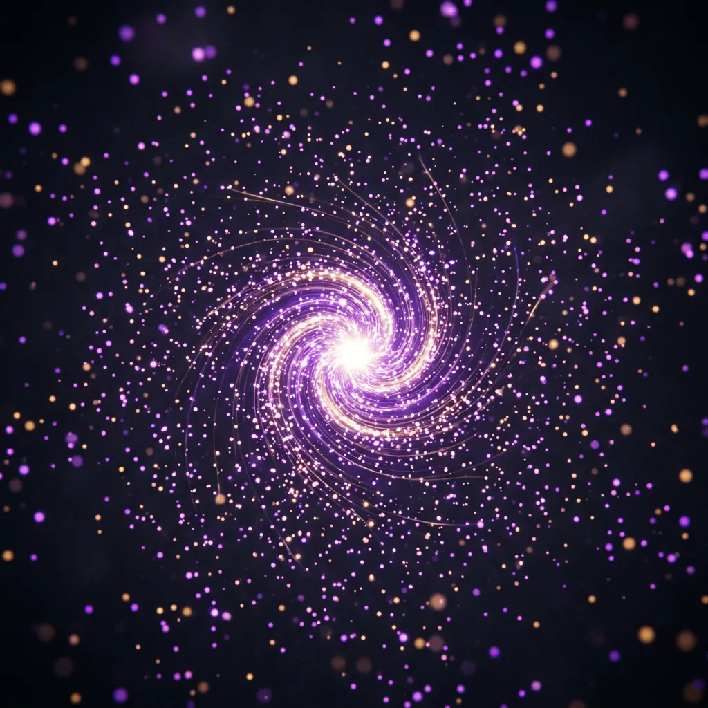 Abstract visualization of glowing violet and gold light particles converging from chaotic digital dispersion into a sharp concentrated focal point