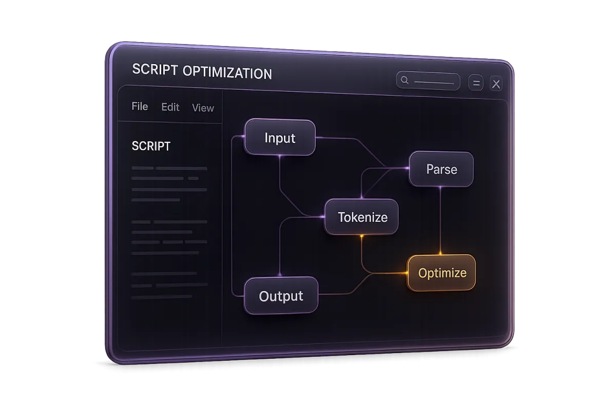 GenieScript Studio Dark Interface with Script Optimization Nodes