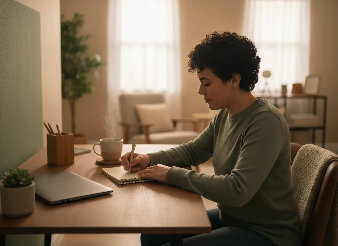 Person writing calmly at a desk with warm neutral tones