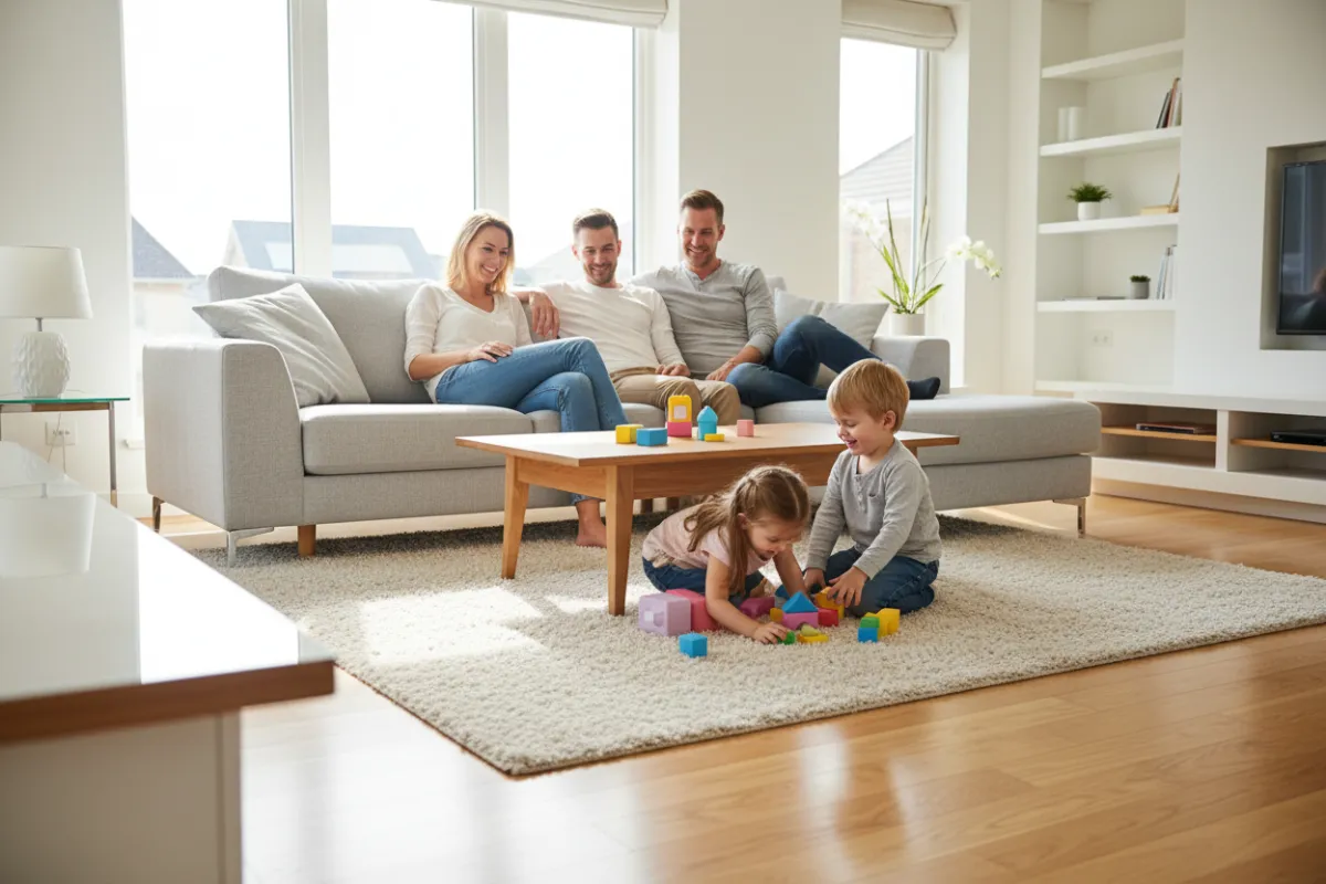 A smiling family of four, including two young children, relaxes together in a sunlit, freshly cleaned living room with modern decor and sparkling surfaces. The parents look relieved and happy, while the children play on a spotless rug. The scene is bright, inviting, and full of warmth.