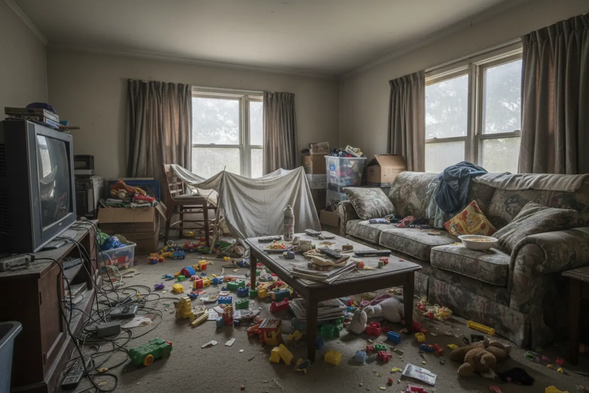 A cluttered family living room with toys scattered, dust on surfaces, and a dull, unkempt appearance. The lighting is dim, and the space feels chaotic and uninviting, with visible mess on the floor and furniture.