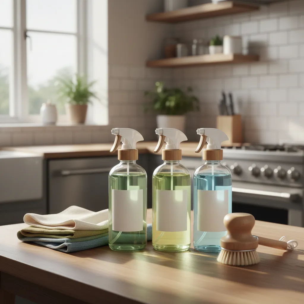 A close-up of eco-friendly cleaning supplies, including spray bottles, microfiber cloths, and a scrub brush, neatly arranged on a wooden table in a sunlit kitchen. The products are labeled as non-toxic and safe for children and pets. The background shows a tidy, modern kitchen.