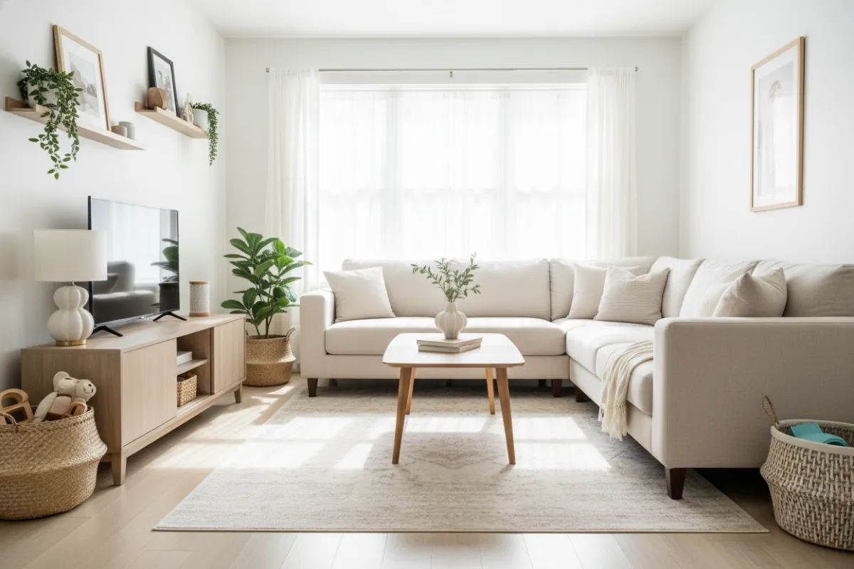 The same living room, now spotless and organized. Toys are neatly stored, surfaces gleam, and the room is filled with natural light. The space feels calm, welcoming, and perfectly clean, with a sense of order and comfort.