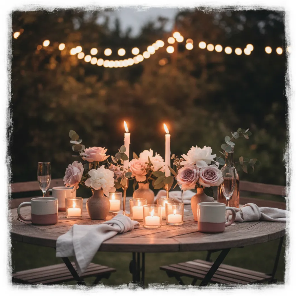 Softly lit outdoor table at BLOSSOM with candles and flowers