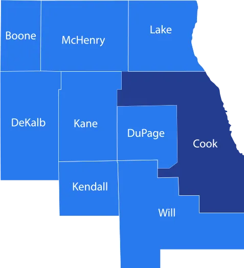 Map highlighting Chicago area counties in Illinois.