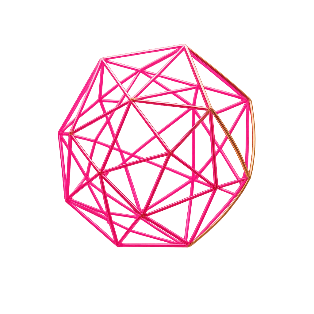 Abstract geometric 3D wireframe mesh glowing in hot pink and gold on dark studio background