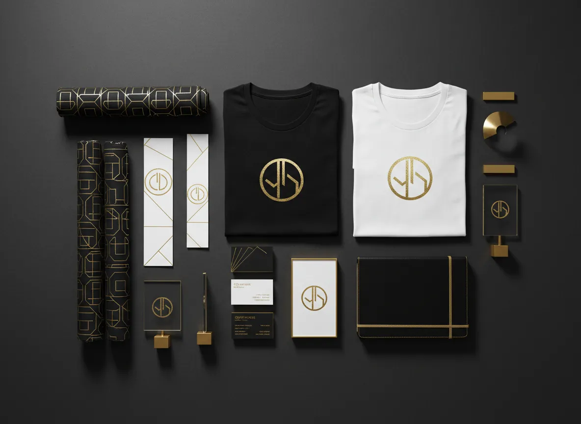 Branded apparel and signage set laid out together