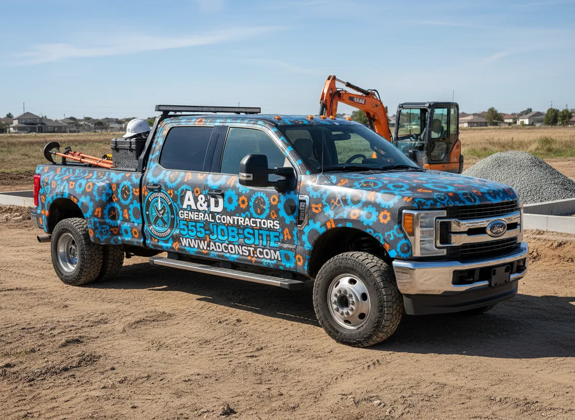 Branded work truck with bold graphics parked near job site