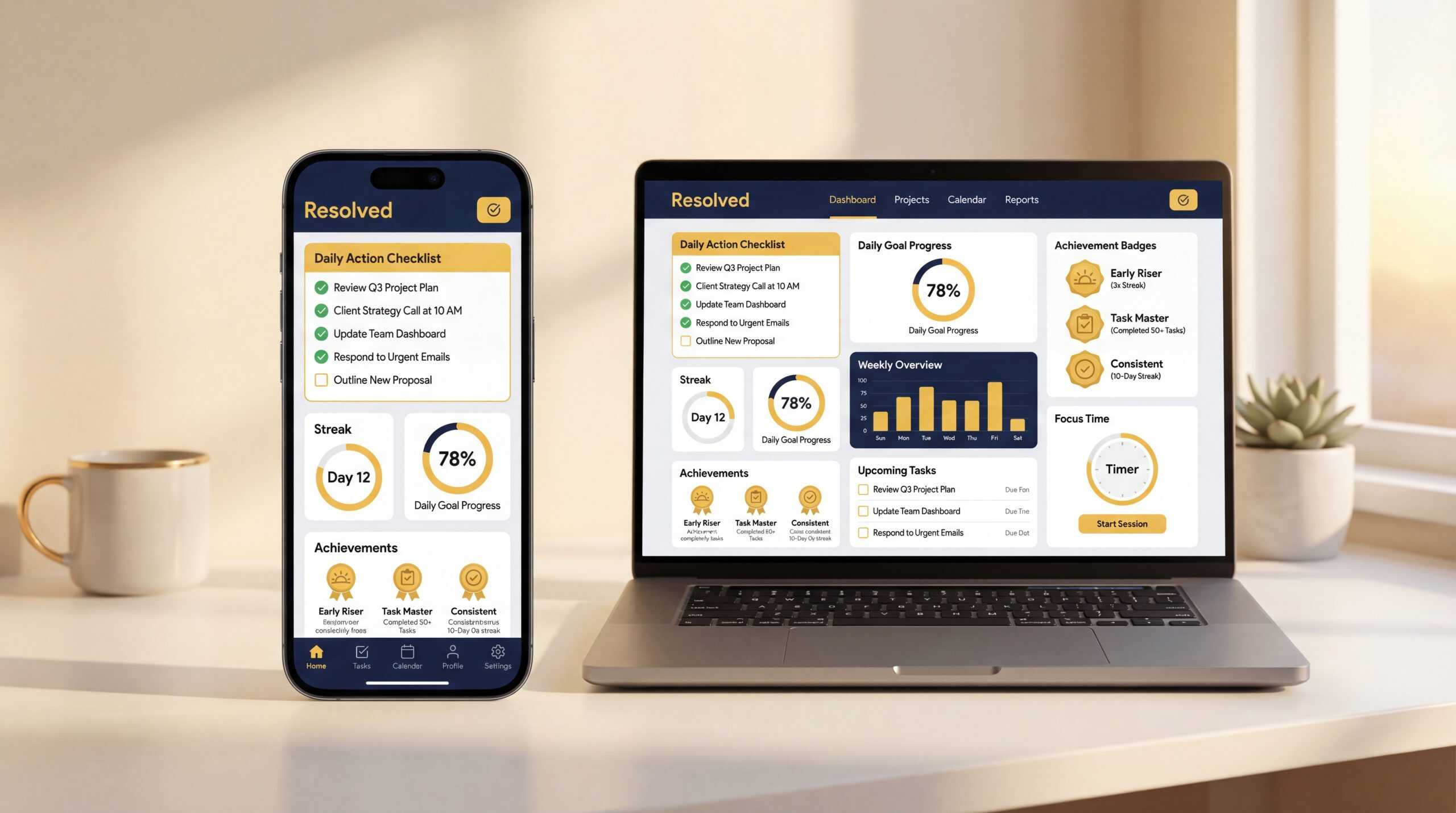 Resolved app showing the daily action dashboard