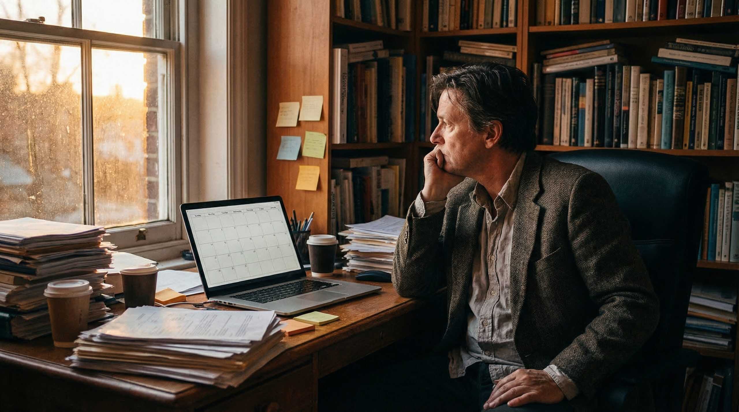 Business owner sitting at a cluttered desk with dawn light