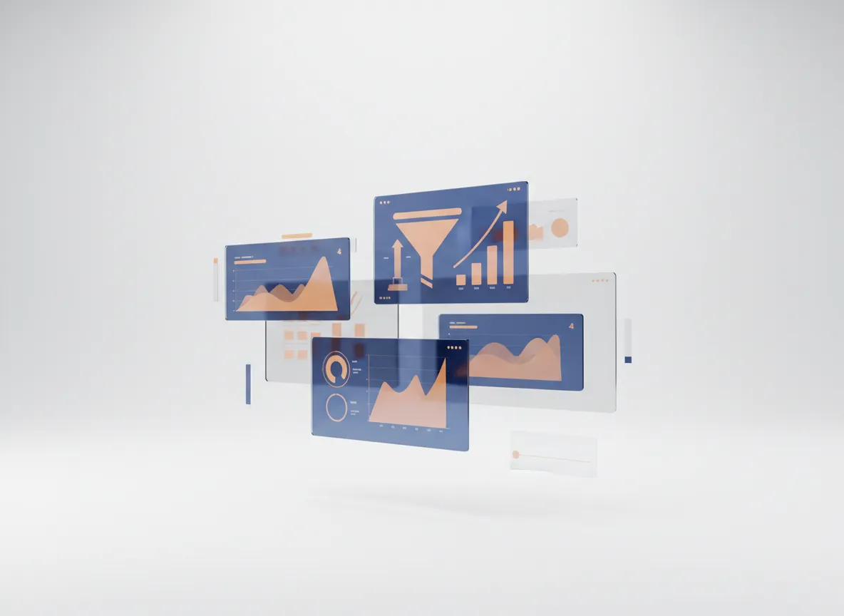 3D render of digital marketing dashboards and growth charts in a modern abstract style