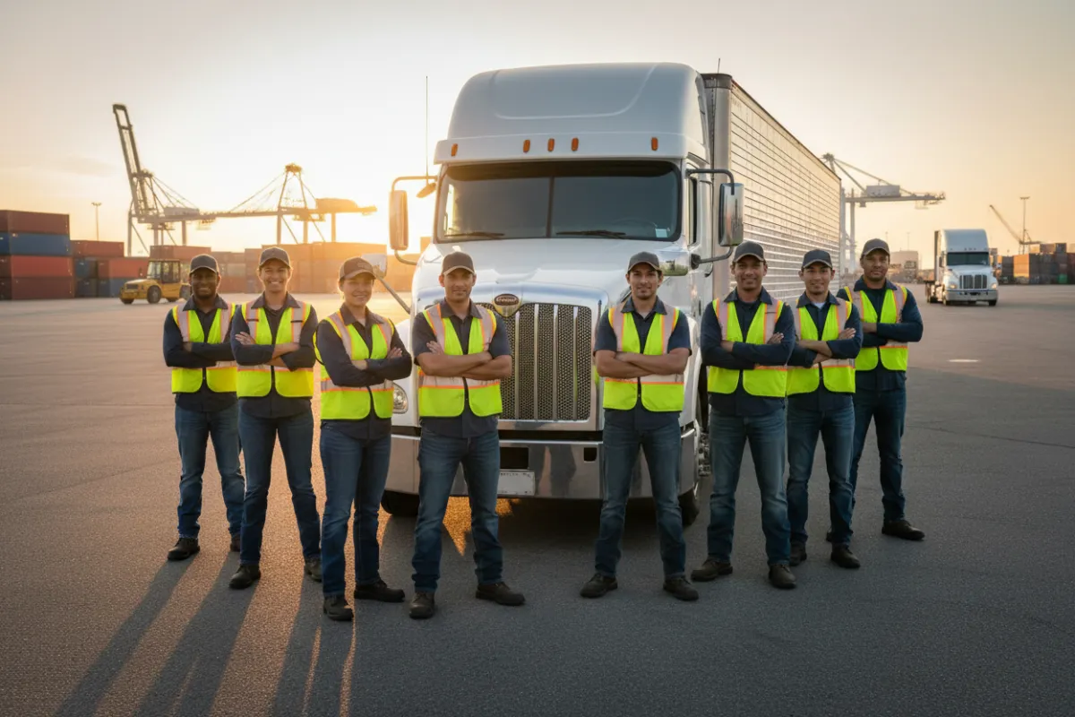 A diverse group of professional truck drivers, both men and women, stand confidently in front of a modern semi-truck at sunrise. The background features a busy freight yard, with containers and logistics equipment visible. The image conveys trust, teamwork, and readiness, using natural light and a documentary style for authenticity.