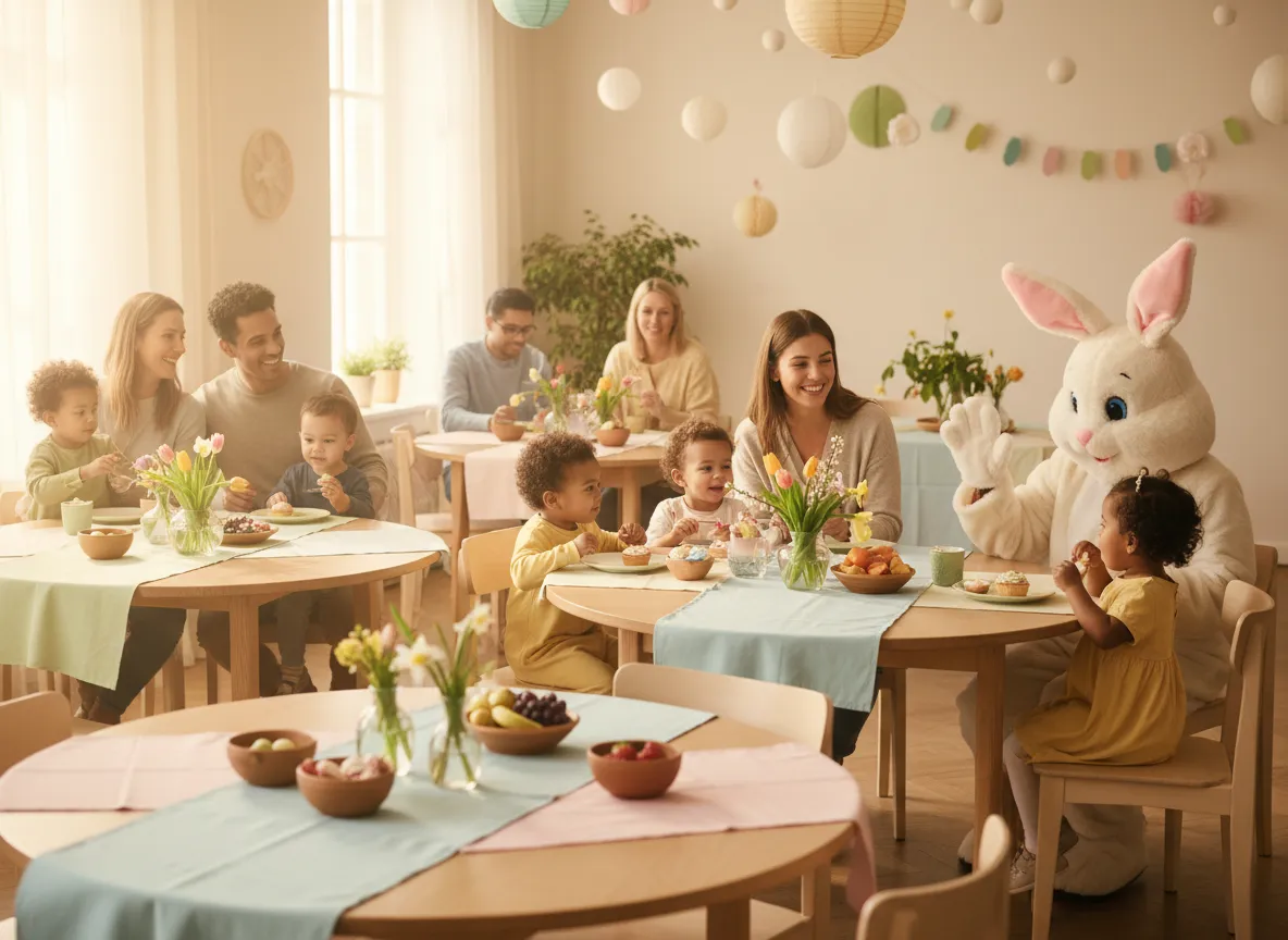 Parents and children smiling at breakfast with the Bunny