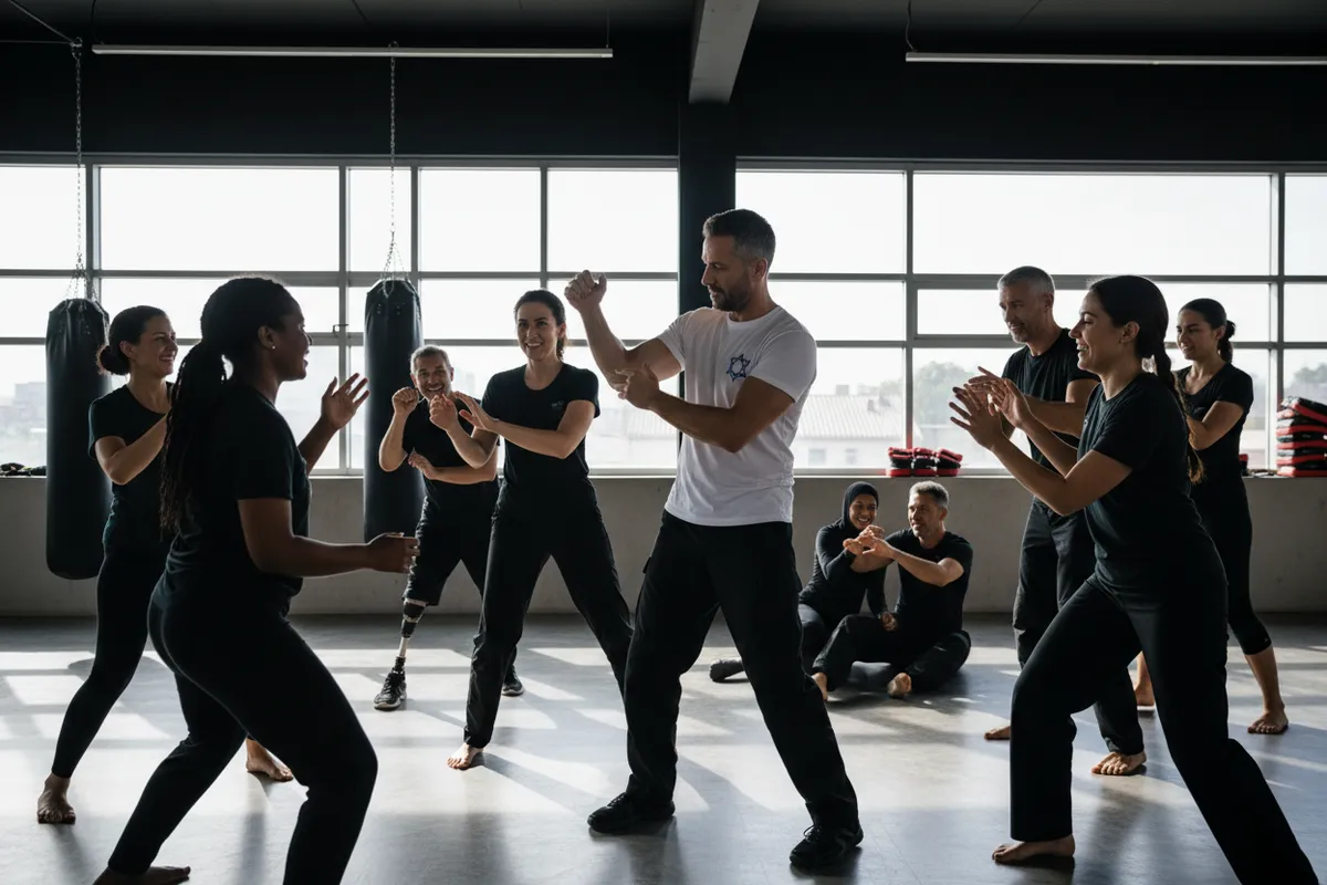 Diverse Krav Maga class in action, group training