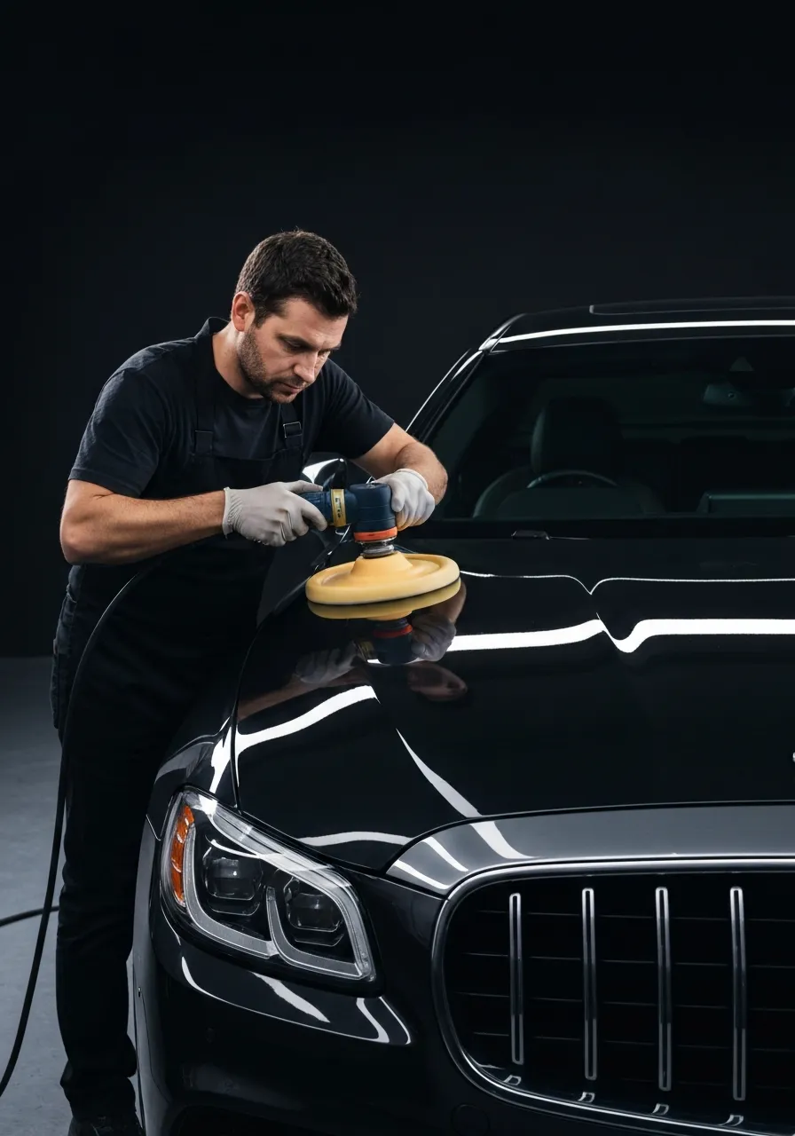 Professional detailing a car in a dramatic, dark industrial garage setting