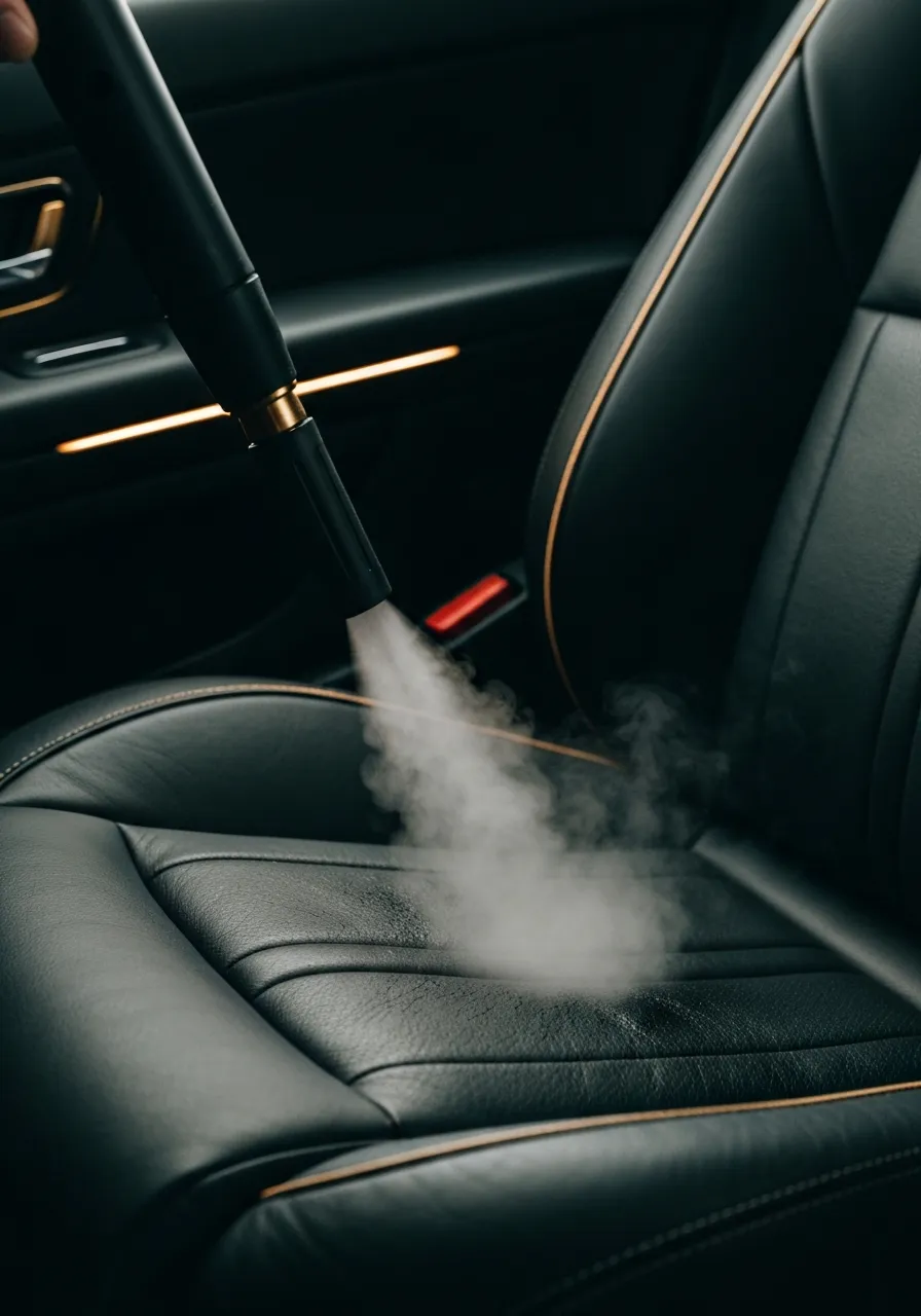 Detail of steam cleaner nozzle sanitizing a dark car interior