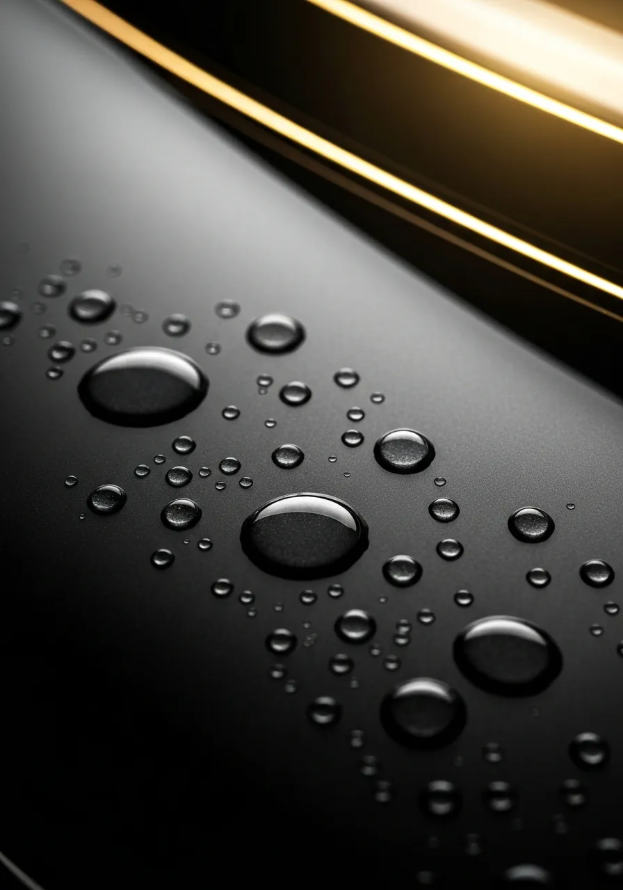 High-contrast pristine car panel showing extreme water beading and a mirror finish