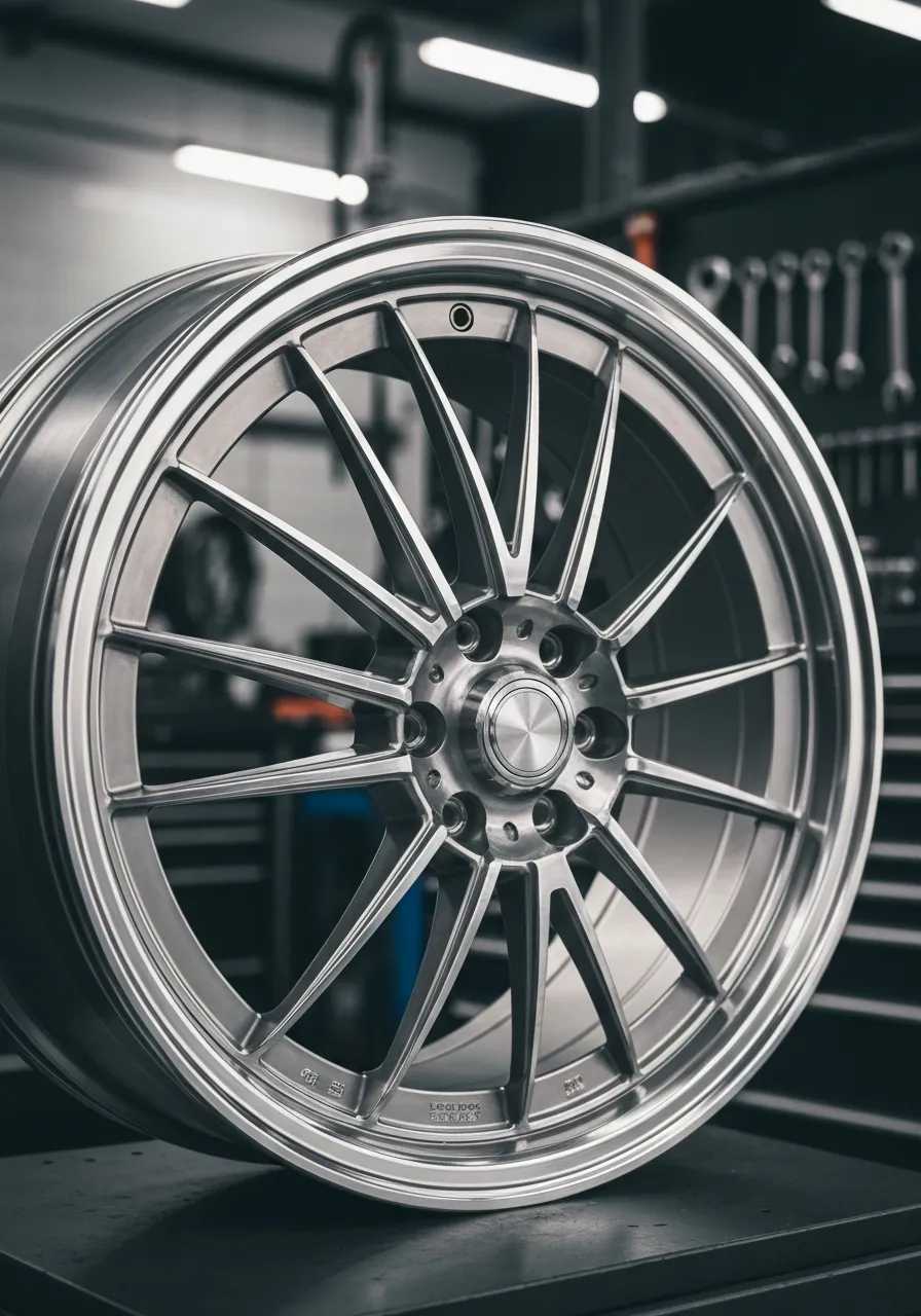 Automotive photo of a restored wheel in a premium workshop setting