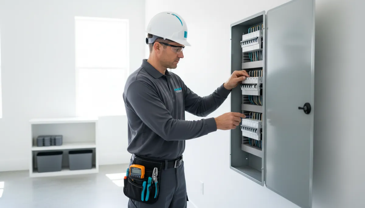 Professional electrician from NCE working safely on a residential electrical panel