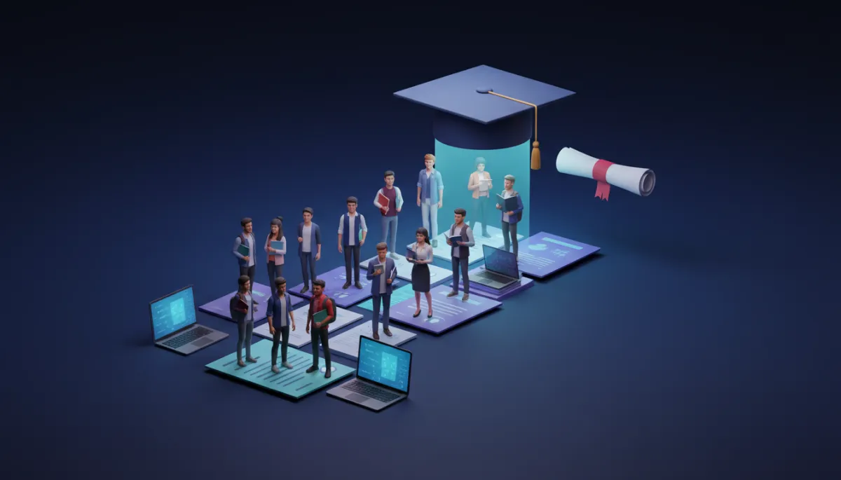 3D digital illustration of students reaching for graduation caps and scholarships in Danville / Boyle County