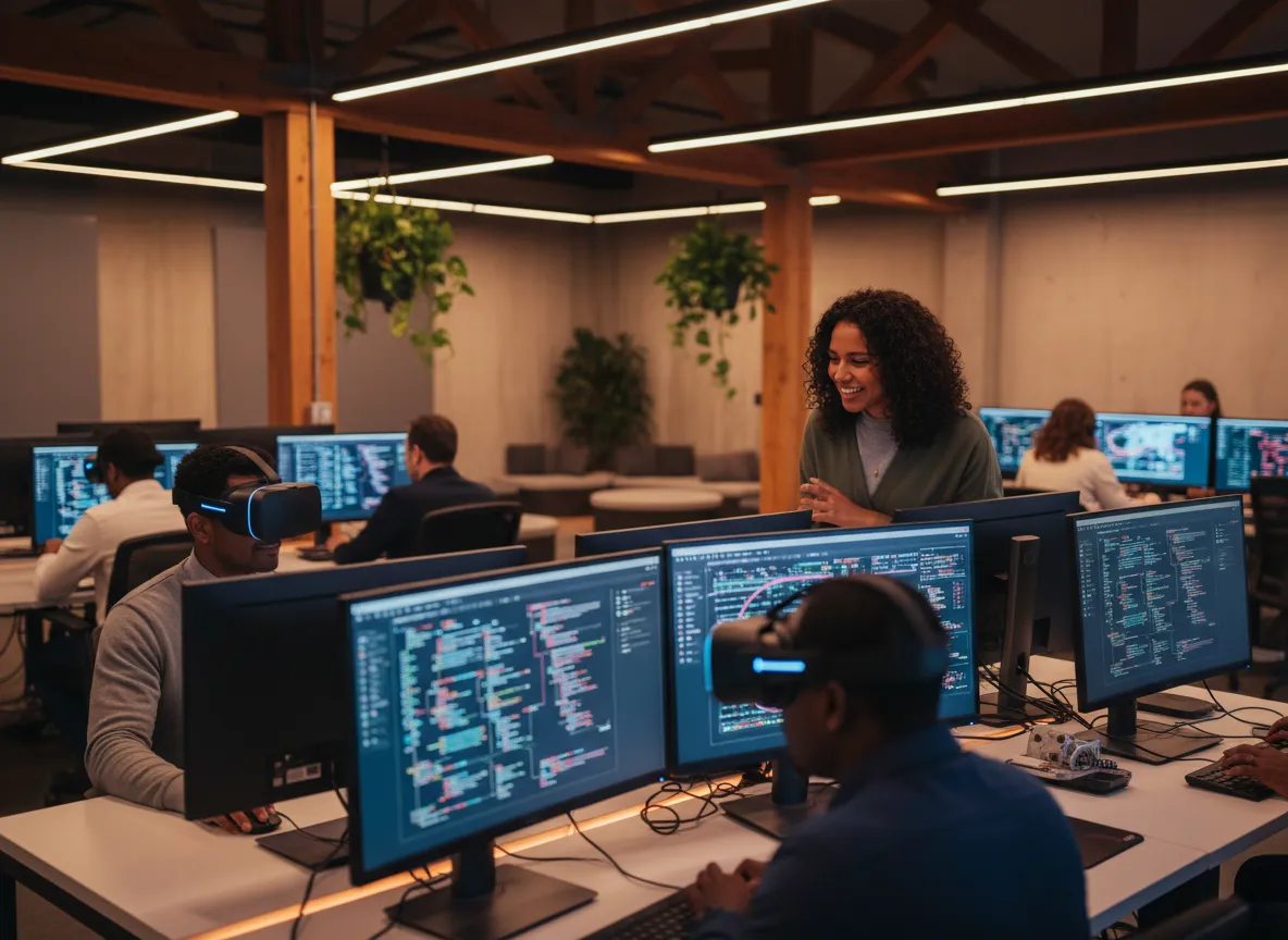 Participants at computers in the SWD AI Lab learning digital skills