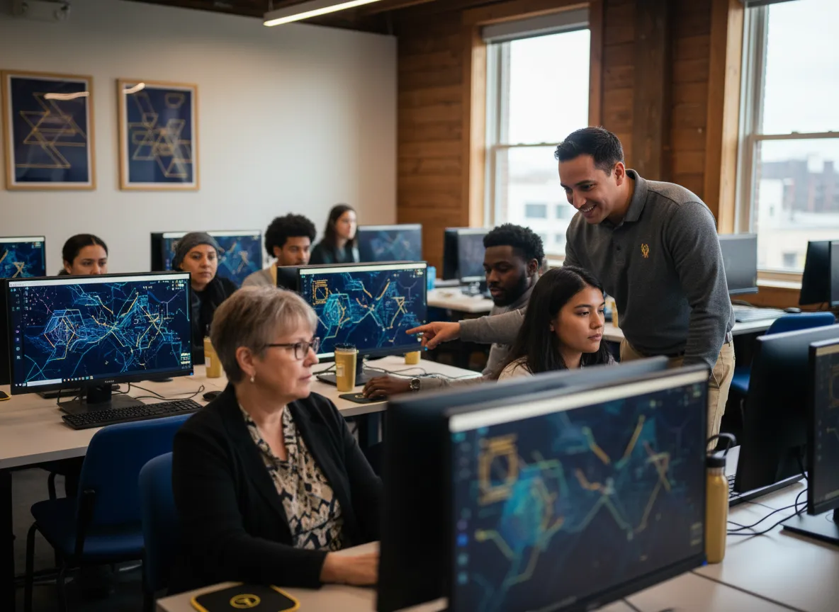 Participants in the SWD AI Lab using computers and learning AI tools