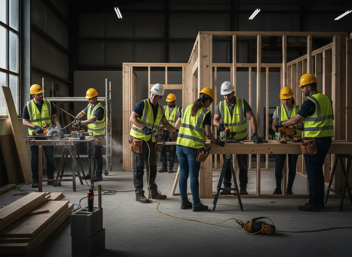Participants in hard hats training on a construction site