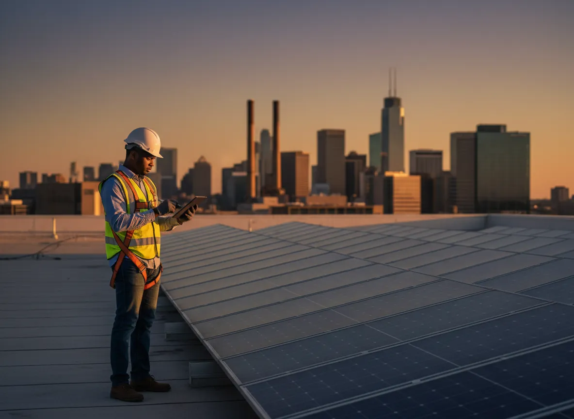 Worker inspecting solar panels and green energy systems