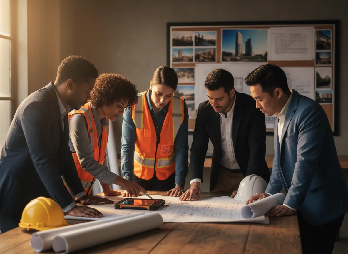 Minority contractors reviewing blueprints on a construction table