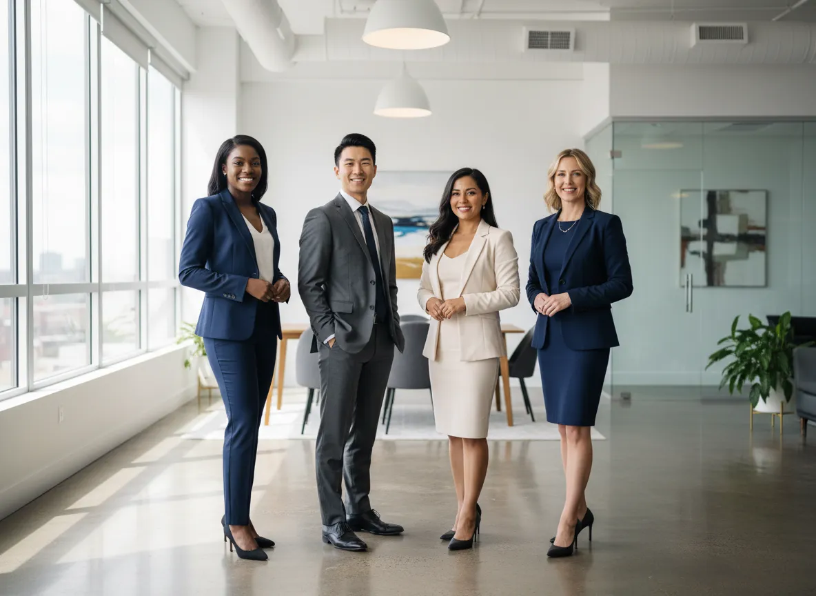 Professional legal team standing together in an office